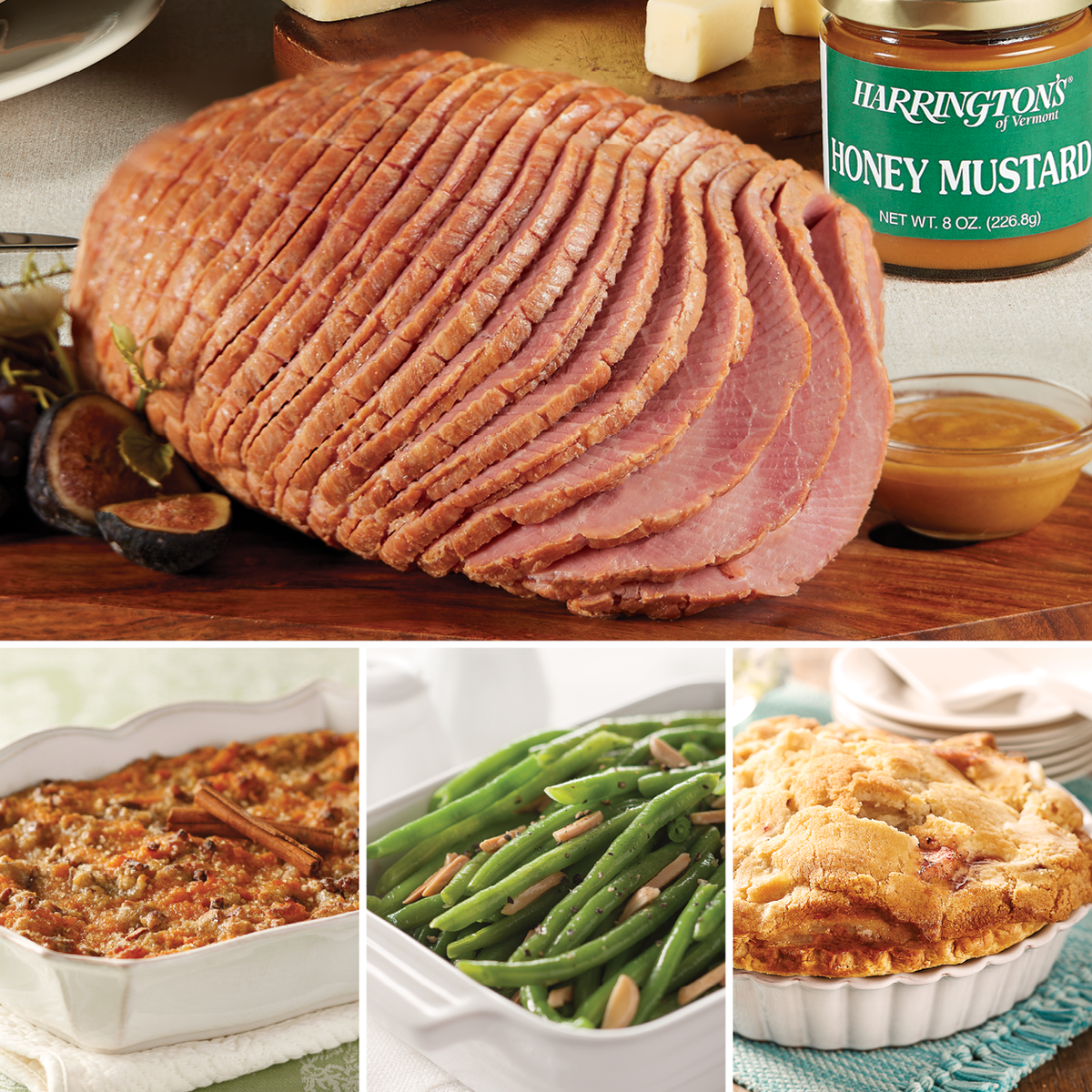 Boneless Spiral Sliced ham feast with sweet potato casserole, green bean almondine, and apple pie.