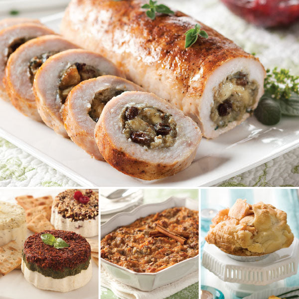 The Harvest Feast Turkey Dinner featuring Stuffed Turkey Roast (top), Sundried Tomato Pesto Cheese Torta, Sweet Potato Casserole, and Miniature Apple Pie (bottom, from left to right).