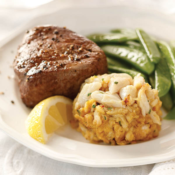 Bay Style Surf and Turf featuring filet mignon and Perfect Crab Cakes