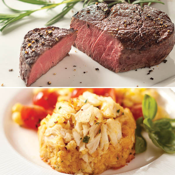 Bay style surf and turf with filet mignon and perfect crab cakes