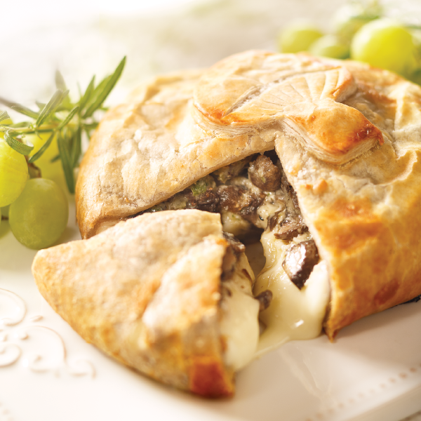 Mushroom Garlic Brie en Croute with cut section