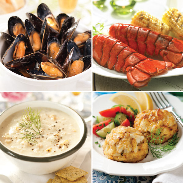 Seafood Entree Sampler for Two, featuring Mussels in White Wine Sauce, Cold Water Lobster Tails, New England Clam Chowder, and Perfect Crab Cakes.