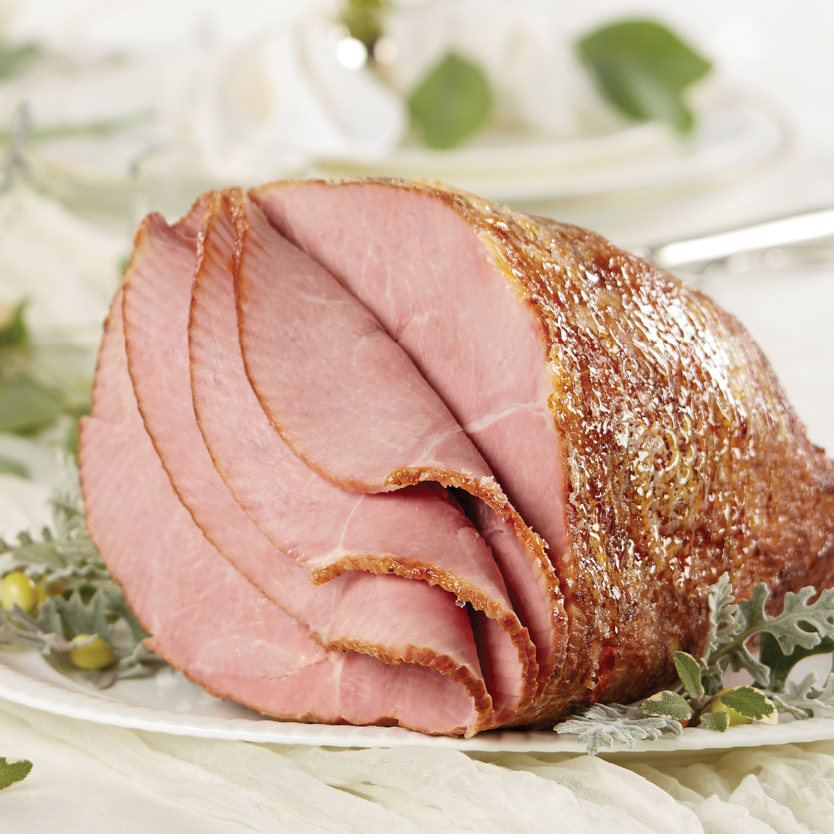 Spiral-Sliced Ham Boneless with slices folding over.