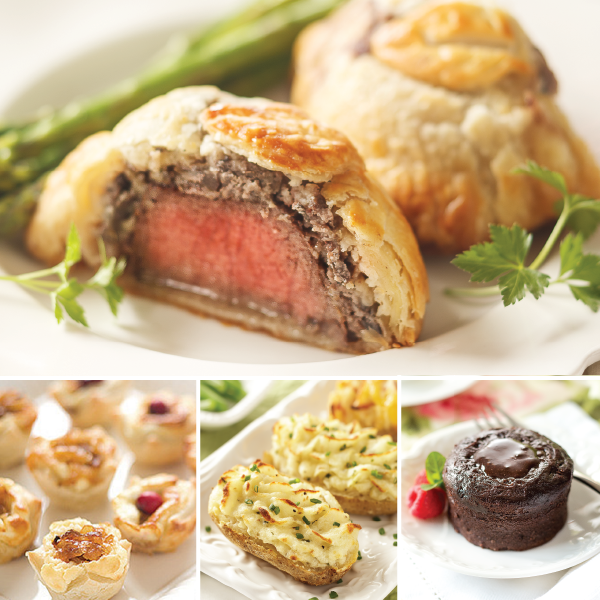Beef Wellington Special Dinner for Four, featuring Beef Wellington entree (top), Caramelized Onion & Feta Pastry Blossoms, Sour Cream & Chive Twice Baked Potatoes, and Molten Chocolate Cakes (bottom left to right)