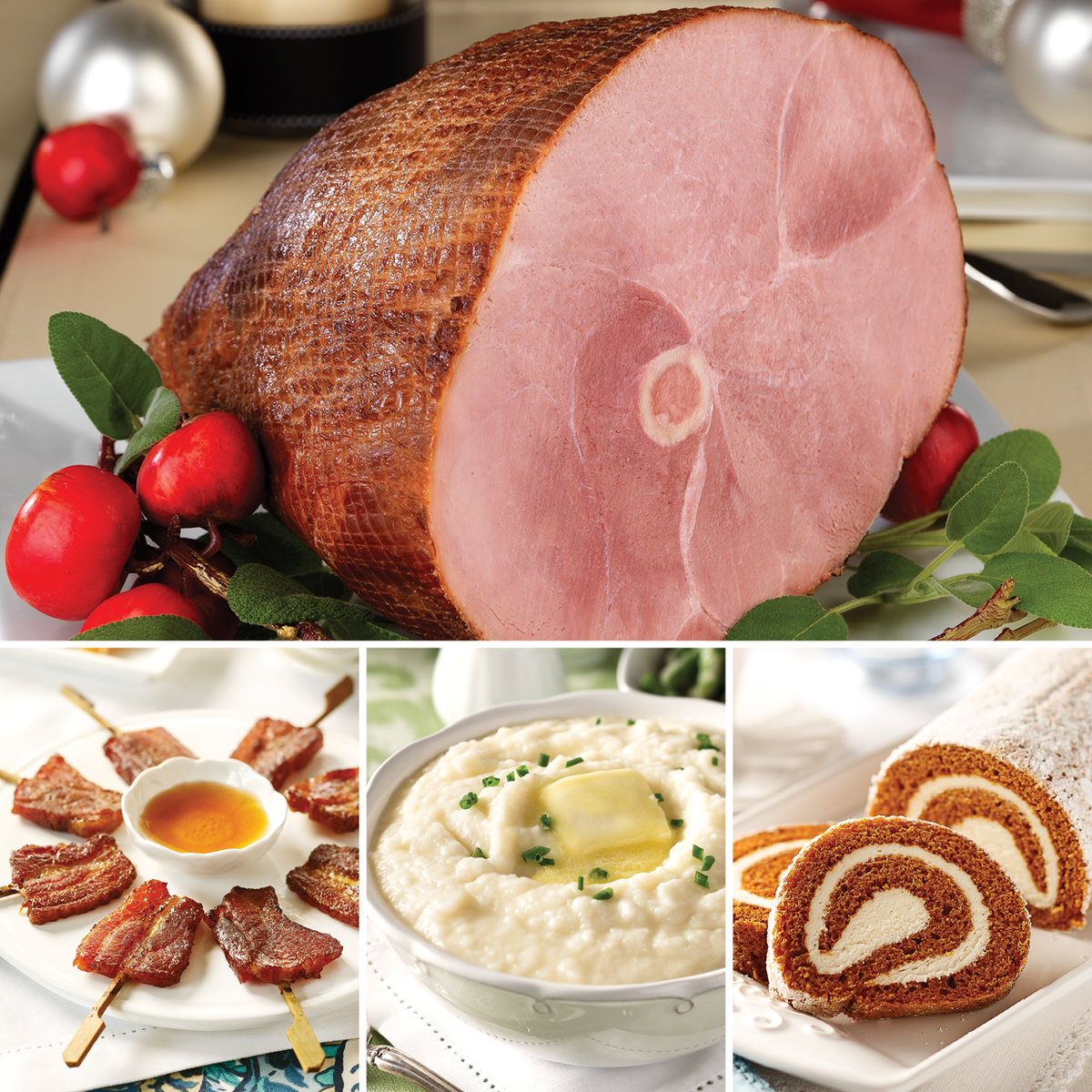 Signature Ham Dinner with bacon lollipops, mashed potatoes, and pumpkin swirl cake.