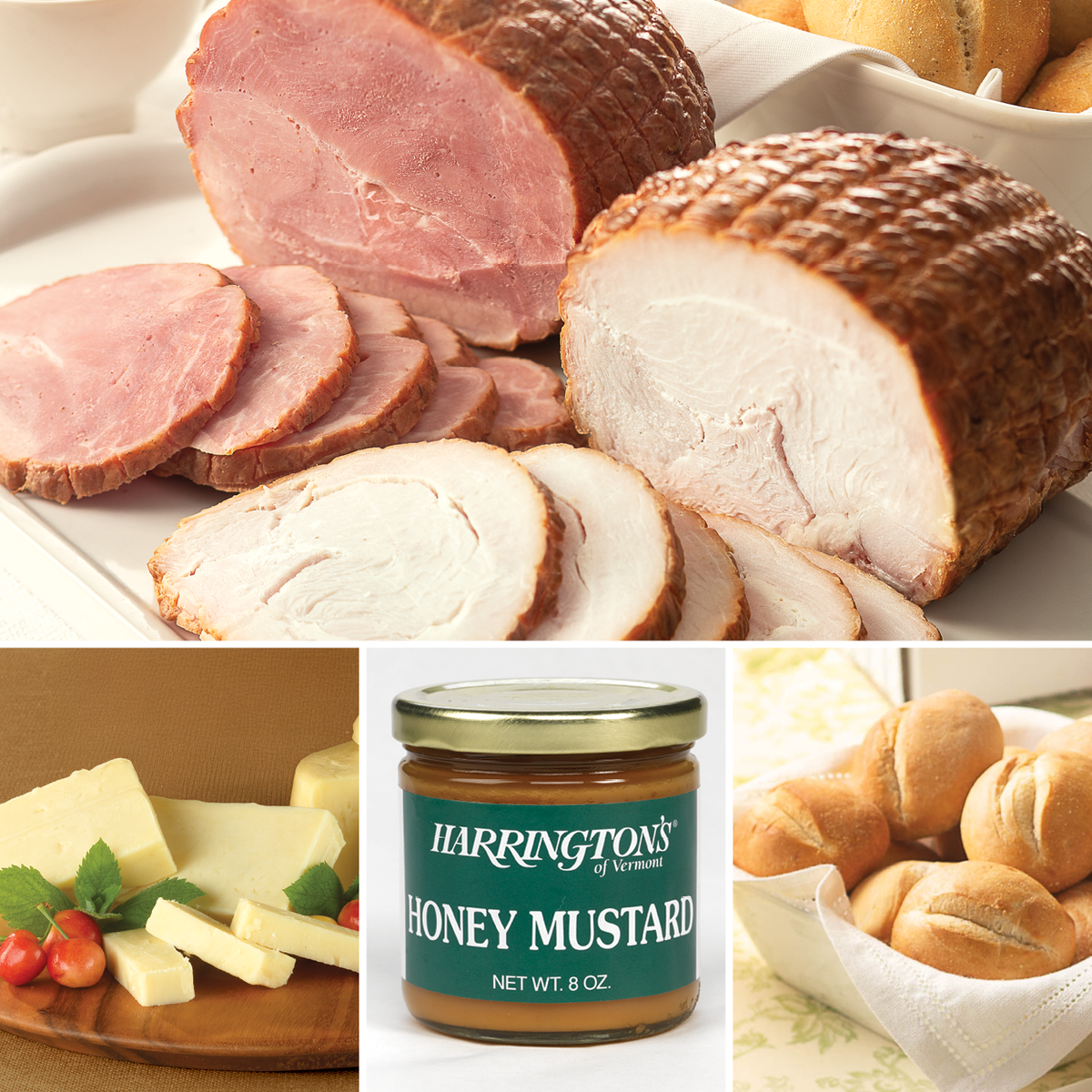 Harrington's Party Collection collage with Boneless smoke ham and turkey breast, aged vermont cheddar cheese, honey mustard and gourmet dinner rolls.