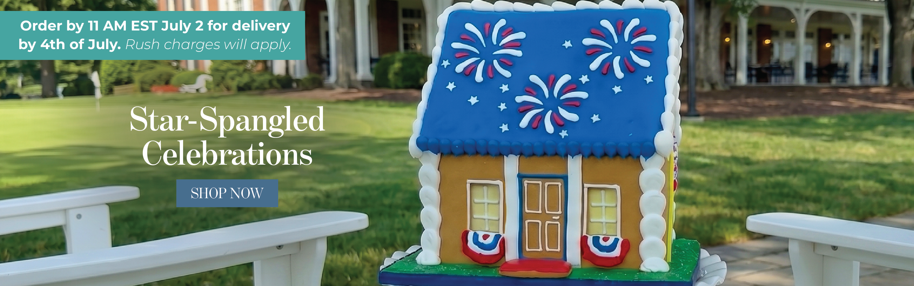The delicious vanilla Star-Spangled Cookie House presented on an outdoor patio for everyone to enjoy.