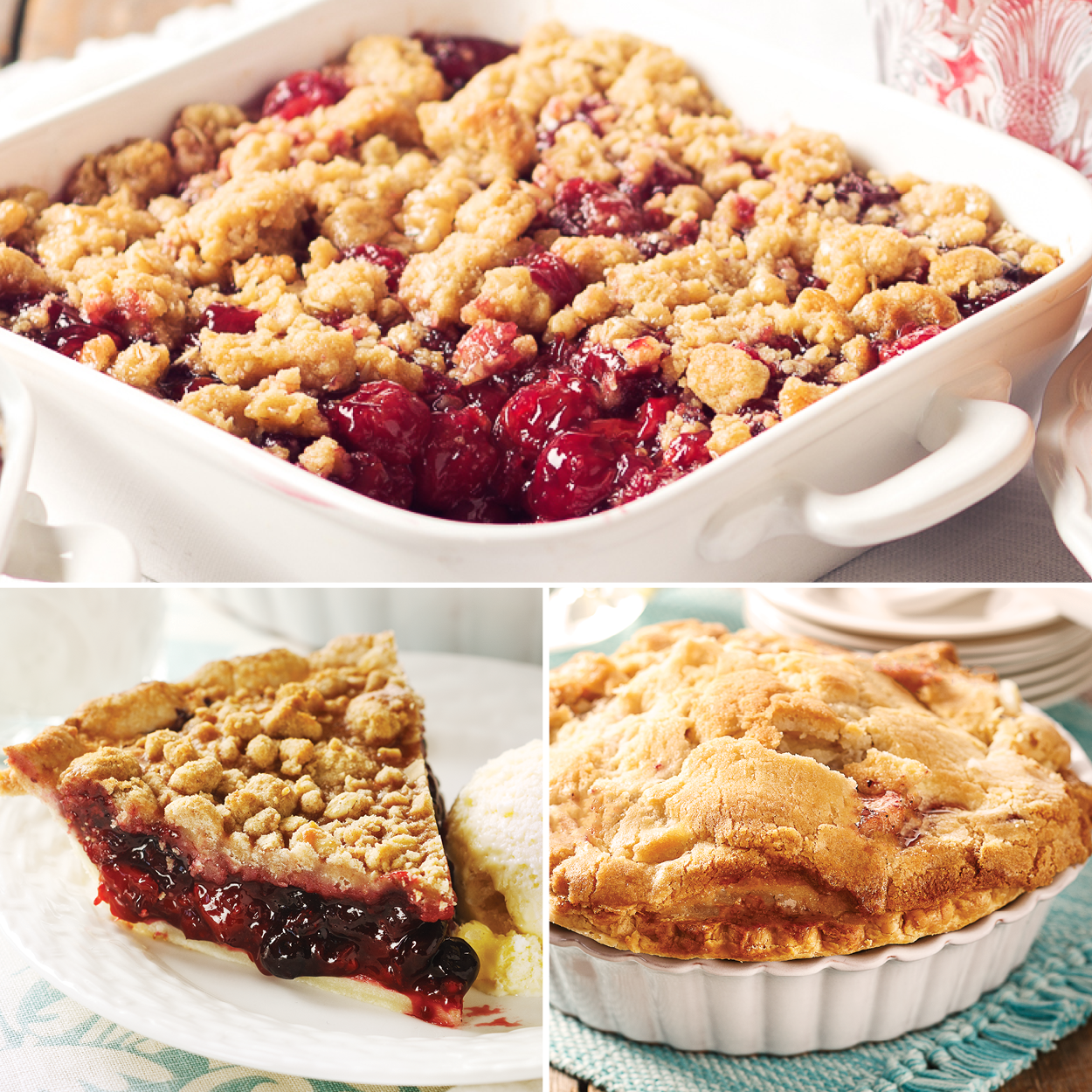 A collage of the red, white, and blue sampler made up of the cheery crisp, four-berry pie, and apple pie.