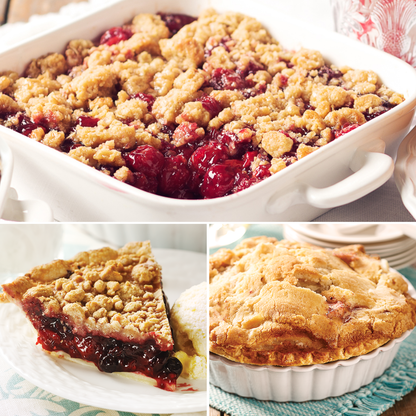A collage of the red, white, and blue sampler made up of the cheery crisp, four-berry pie, and apple pie.