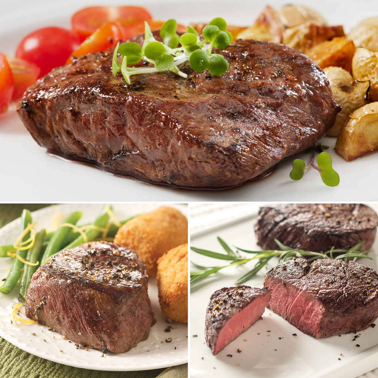 A collage of the Premium Steak Sampler with the Filet Mignon, Prime Top Sirloin, and Marinated Flat Iron Steak.