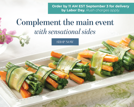 A promotional food advertisement showing prepared vegetable wraps on a white platter, with large text reading Complement the main event with sensational sides. Order by 11am on September 3 for delivery by Labor Day.