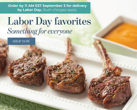 Promotional food advertisement featuring four cooked lamb chops on a white serving platter with a dipping sauce dish in the background. Text reads Shop Labor Day favorites. Order by 11am on September 3 for delivery by Labor Day.