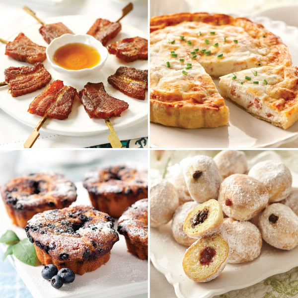 Best Selling Brunch Collection, featuring Vanilla-Bourbon Bacon "Lollipops", Quiche Lorraine, Mini Blueberry Coffee Cakes, and Fruit-filled French Beignets (from top left to bottom right).
