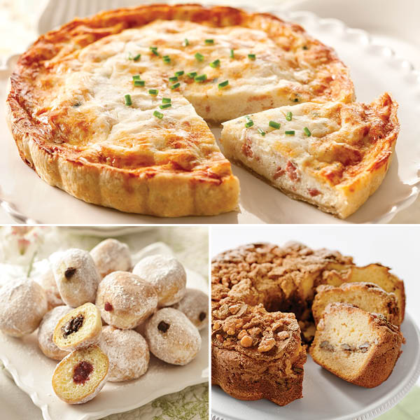 Brunch Favorites Collection, featuring Quiche Lorraine, French Beignets, and Granny Smith Apple Coffee Cake