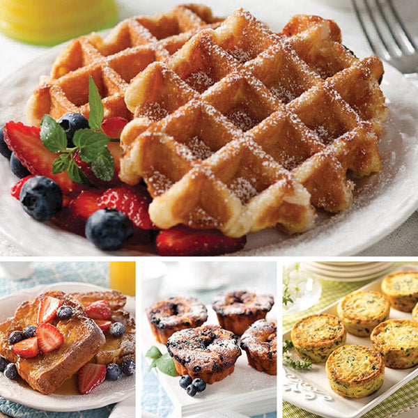 Brunch Classics Collection, featuring Belgian Waffle (top), Brioche French Toast, Mini Blueberry Coffee Cakes, and Spinach and Swiss Egg Souffles (bottom left to right)
