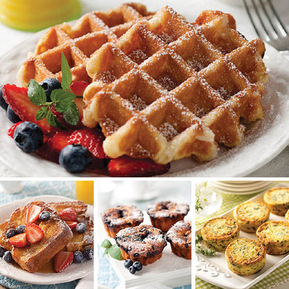 Brunch Classics Collection, featuring Belgian Waffle (top), Brioche French Toast, Mini Blueberry Coffee Cakes, and Spinach and Swiss Egg Souffles (bottom left to right)