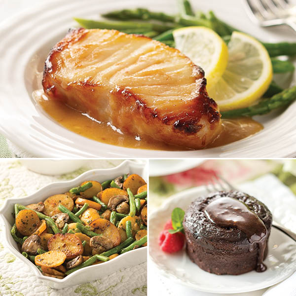 Miso Sea Bass complete dinner featuring Miso Sea Bass fillet (top), Vegetable Potato Medley (bottom left), and Molten Chocolate Cakes (bottom right)