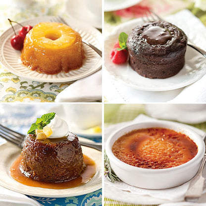 Best Sellers Dessert Assortment, featuring Pineapple Upside Down Cake, Molten Chocolate Cake, British Sticky Toffee Pudding, and Créme Brûlèe (top left to bottom right)