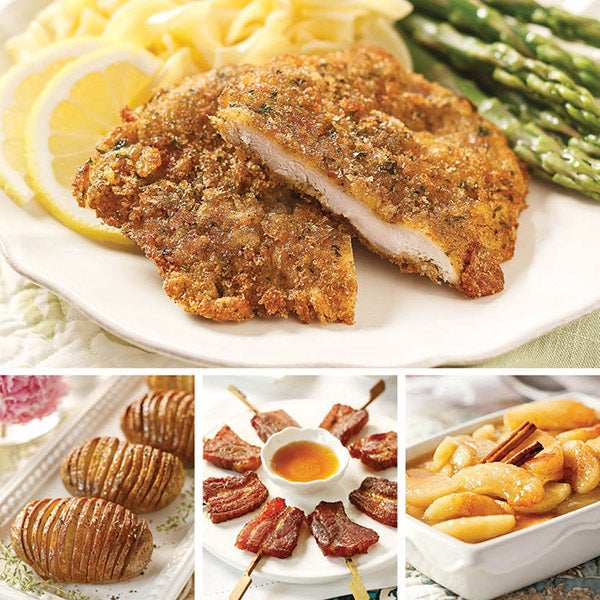 Pork Schnitzel Dinner for Four, featuring Pork Schnitzel (top), Hasselback Potatoes, Vanilla-Bourbon Bacon "Lollipops", and Kettle Cooked Apples (bottom left to right)
