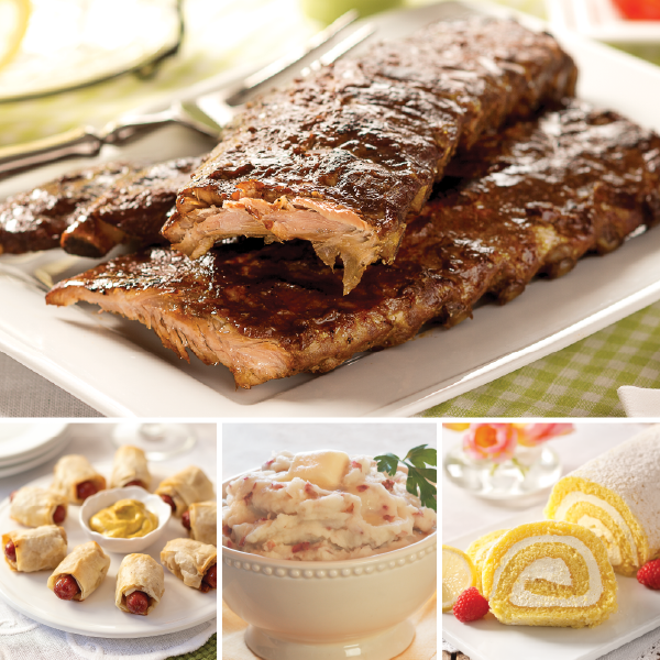 Baby Back Rib Dinner for Two, featuring Baby Back Pork Ribs (top), Coney Island Dogs, Garlic Mashed Potatoes, and Lemon Swirl Cake (bottom left to right).